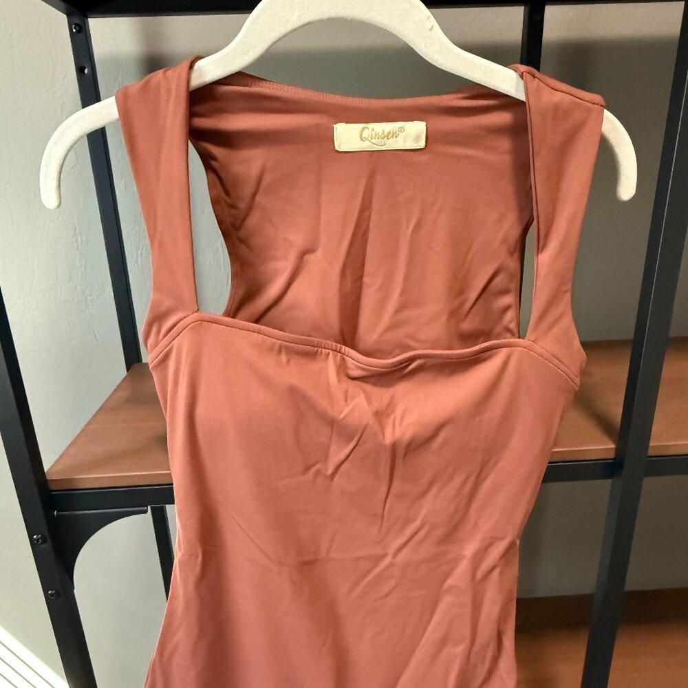 M Qinson square neck jumpsuit stretchy Copper